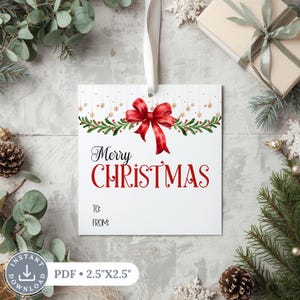 Peut inclure: Étiquette cadeau de Noël blanche avec un nœud rouge et les mots "Merry Christmas" en rouge. L'étiquette a un motif de guirlande verte et rouge et comprend un espace pour "À:" et "De:" en bas. L'étiquette mesure 6,35 cm x 6,35 cm.
