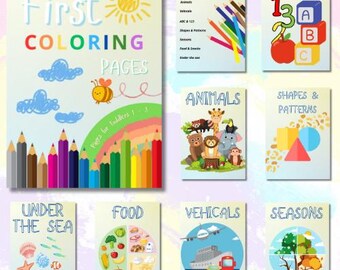 May include: A set of nine colorful printable coloring pages for toddlers. The pages feature themes such as animals, shapes, food, vehicles, and seasons. The pages are designed to help toddlers learn about different subjects while having fun.