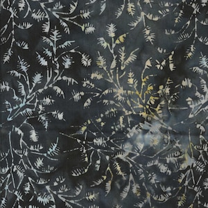 May include: Black fabric with a white and light blue floral pattern. The pattern is a repeating design of small leaves and branches.