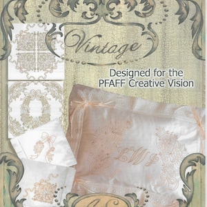 以下が含まれることがあります： アニタ・グッドデザインによる「ヘミングウェイ・コレクション」というヴィンテージ刺繍デザインコレクションの製品パッケージ画像。このコレクションには、PFAFF Creative Visionマシン用の6つのクリエイティブなグランドドリームフープデザインが含まれています。画像には、リース、モノグラム、花柄など、さまざまな刺繍デザインが描かれています。