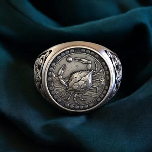 Sterling Silver Cancer Zodiac Ring: Handmade Astrology Signet