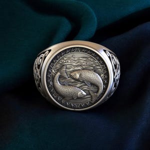 Sterling Silver Pisces Ring: Two Fish Zodiac Signet, Handmade Astrology Jewelry