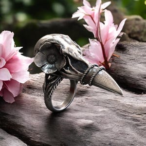 Handmade Sterling Silver Raven Skull Ring: Gothic Floral Statement Jewelry