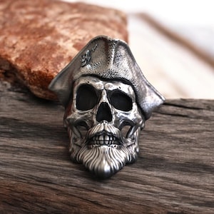 Sterling Silver Skull Pirate Ring: Gothic Biker Nautical Jewelry