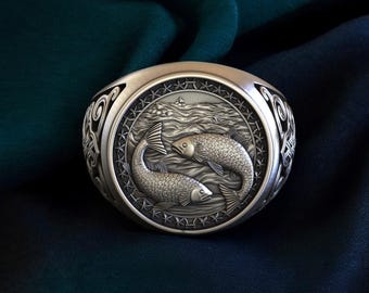 Sterling Silver Pisces Ring: Two Fish Zodiac Signet, Handmade Astrology Jewelry