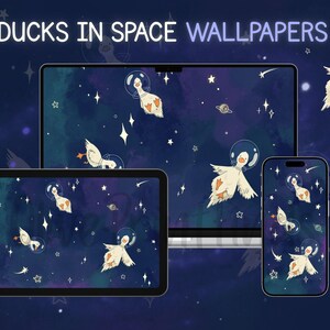 May include: Digital wallpapers showing cartoon ducks in space suits against a starry background. The wallpapers are displayed on a tablet, laptop, and smartphone. The text "DUCKS IN SPACE WALLPAPERS" is at the top.
