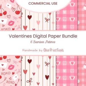 May include: A digital paper bundle with six seamless patterns, perfect for Valentine's Day. The patterns feature hearts, cherries, arrows, envelopes, and kisses in shades of pink and red. The text reads "Valentines Digital Paper Bundle".