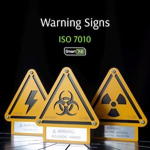 May include: Three yellow warning signs with black symbols for electricity, biological hazard, and ionizing radiation. Each sign is triangular with a black border and a white rectangular base. The text "Warning Signs" and "ISO 7010" are at the top.