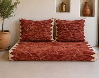 Moroccan Kilim Floor Sofa Set, Handmade Berber Cushions, Rust Red & Cream Moroccan Seating, Boho Majlis Sofa