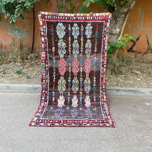 8 X 4 FT , Handwoven Colorful Moroccan Berber Carpet ,Abstract Cotton Rug,with Fringe in Brown, Red and Pastel Accents,  cotton vintage
