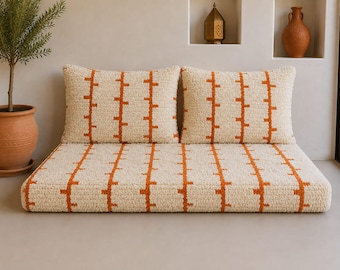 Handmade Moroccan Floor Pouf Set with Two Cushions, Berber Wool, Cream and Orange Geometric Design, Boho and Amazigh Home Decor