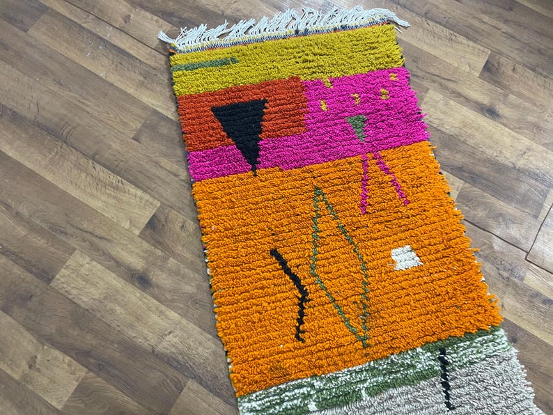Hand Knotted Wool Runner Rug, Colorful Abstract Design, Moroccan Beni ...