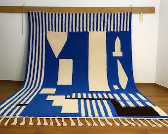 Blue Moroccan Rug – Handmade Wool Berber Rug, Geometric Design