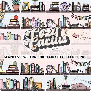 Bookish Book Lover Spring Bookshelf Seamless Pattern 300 DPI PNG Digital Papers Vinyl Fabric Surface File cat lover book nerd reading lover