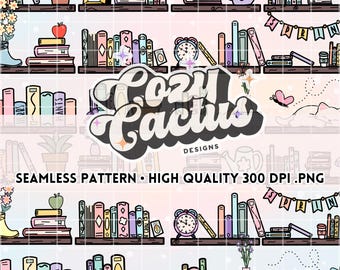 Bookish Book Lover Spring Bookshelf Seamless Pattern 300 DPI PNG Digital Papers Vinyl Fabric Surface File cat lover book nerd reading lover