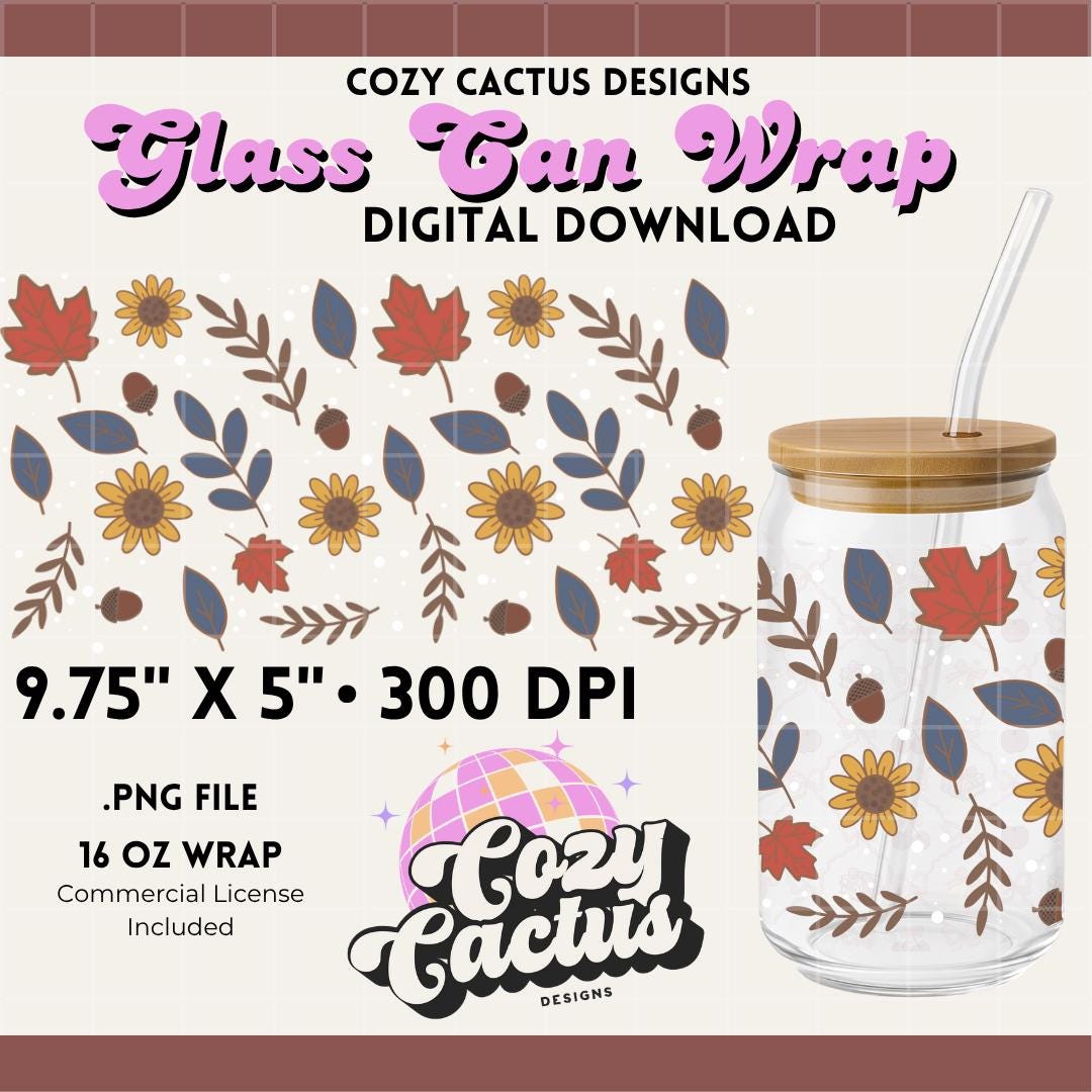 Fall Floral Foliage Digital File 16oz Glass Can Wrap 300 DPI PNG UVDTF ...
