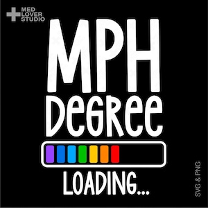 Könnte beinhalten: Ein schwarz-weißes Grafikdesign mit dem Text "MPH Degree Loading..." in Weiß. Eine Fortschrittsanzeige ist mit Regenbogenfarben gefüllt.
