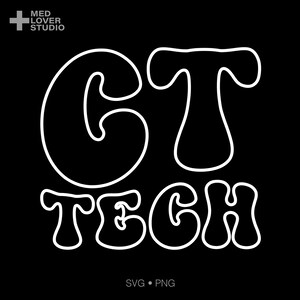 Könnte beinhalten: Ein digitales Grafikdesign mit dem weiß umrandeten Text CT TECH in einer fetten, abgerundeten und wellenförmigen Schriftart auf schwarzem Hintergrund. In der oberen linken Ecke steht der Text MED LOVER STUDIO mit einem Pluszeichen.