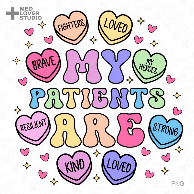 Colorful candy heart design with nurse Valentine text “My Patients Are Candy Hearts,” perfect for scrubs or shirts. PNG clipart design featuring pastel candy hearts with Valentine nurse quote, ideal for sublimation gifts. Cute Valentine nurse design with candy hearts, made for medical worker shirts, mugs, or decor projects.