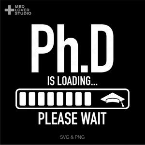 May include: Black and white graphic design with the text "Ph.D. is loading..." and a progress bar with a graduation cap icon. The text "Please wait" is below the progress bar.