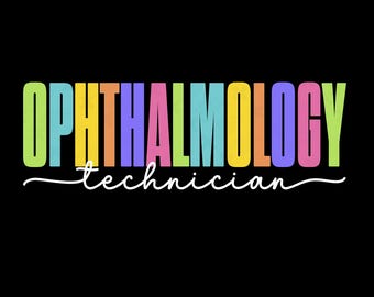 May include: Black background with the words "OPHTHALMOLOGY technician" in large, colorful letters. The word "OPHTHALMOLOGY" is in rainbow colors, and "technician" is in white script. The Med Lover Studio logo is in the top left corner.