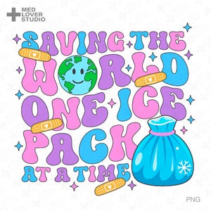 Puede incluir: Un diseño gráfico colorido con el texto "Salvar el mundo un paquete de hielo a la vez". El diseño presenta una Tierra de dibujos animados sonriente, una bolsa de hielo azul y curitas coloridas.