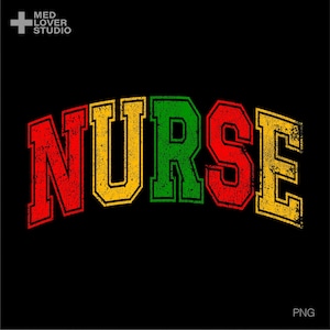 Pode incluir: Fundo preto com a palavra "NURSE" em um design arqueado e desgastado. As letras são contornadas em amarelo, com preenchimento vermelho e verde. No canto superior esquerdo, há um logotipo de cruz branca com as palavras "MED LOVER STUDIO".
