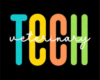 May include: A colorful graphic design with the word "TECH" in large, bold letters. The letters are in different colors: blue, yellow, orange, and green. The word "veterinary" is written in white cursive script below the word "TECH".