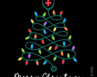 May include: A Christmas tree design made of a green stethoscope with a red cross at the top, adorned with colorful lights. The words "Merry Christmas" are written in white script at the bottom. The background is black.