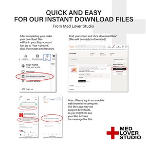 May include: A white graphic with instructions for downloading files from Etsy. The text reads "Quick and Easy for our Instant Download Files" and includes screenshots of the Etsy website and app, with instructions to find and download files.