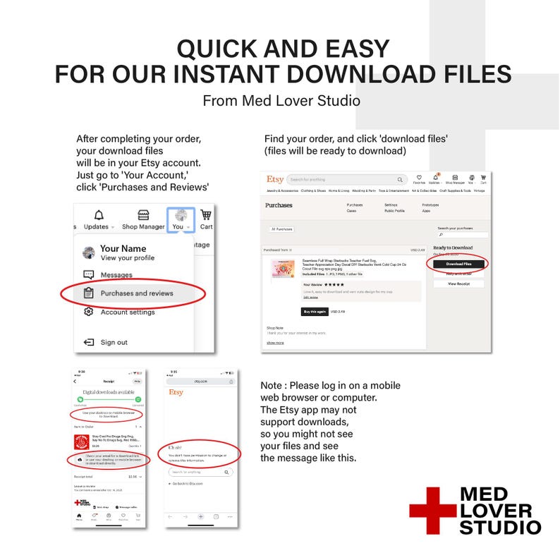 May include: A white graphic with instructions for downloading files from Etsy. The text reads "Quick and Easy for our Instant Download Files" and includes screenshots of the Etsy website and app, with instructions to find and download files.