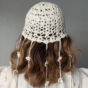 Boho Crochet Tasseled Hat Skullcap Lace Hat Crochet Beanie 70s Clothing Skull Cap Boho Wedding Bride Hat Summer Hat Mesh Hat Netted Beanie