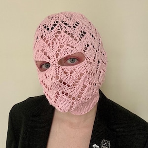 Hand Knit Pink Lace Balaclava, 100% Cotton Knitted Mask, Breathable Summer Handmade Crochet Style Hood