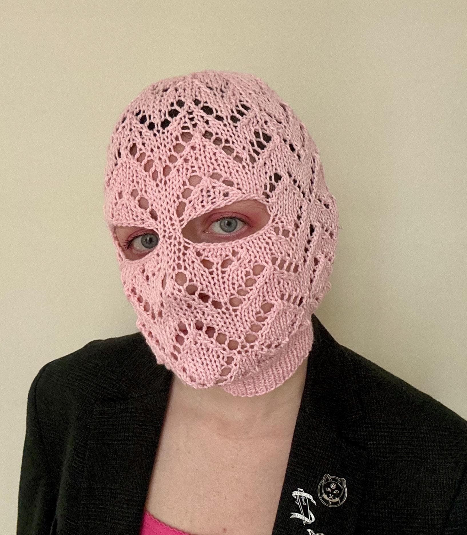 Hand Knit Pink Lace Balaclava, 100% Cotton Knitted Mask, Breathable Summer Handmade Crochet Style Hood