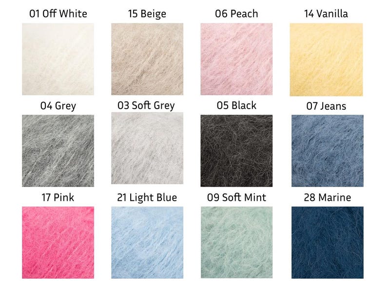 K&ouml;nnte beinhalten: Eine Farbkarte mit Garnmustern in verschiedenen Farbt&ouml;nen. Die Muster umfassen Off-White, Beige, Pfirsich, Vanille, Grau, Hellgrau, Schwarz, Jeans, Pink, Hellblau, Soft Mint und Marine. Jedes Muster ist mit einer Nummer und einem Farbnamen versehen.