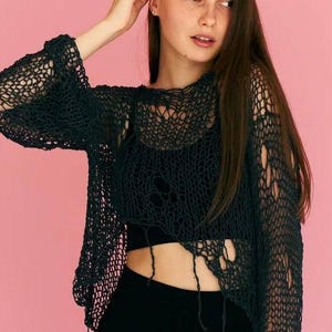 Boho Grunge Maglieria Punk Maglione Trasparente Crop Top Maglia a Rete Abiti Gotici Festival Outfit Maglione Strappato Abbigliamento Y2K Burning Man