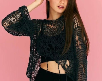 Handmade Grunge Knit Crop Top: Sheer Fishnet Pullover