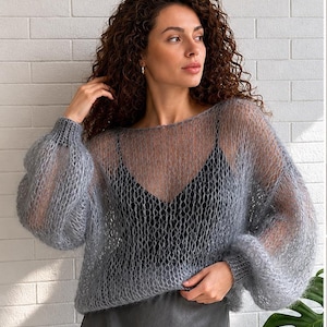 Pull élégant en maille de mohair - Tricot doux et transparent, pull à superposition de luxe, haut transparent