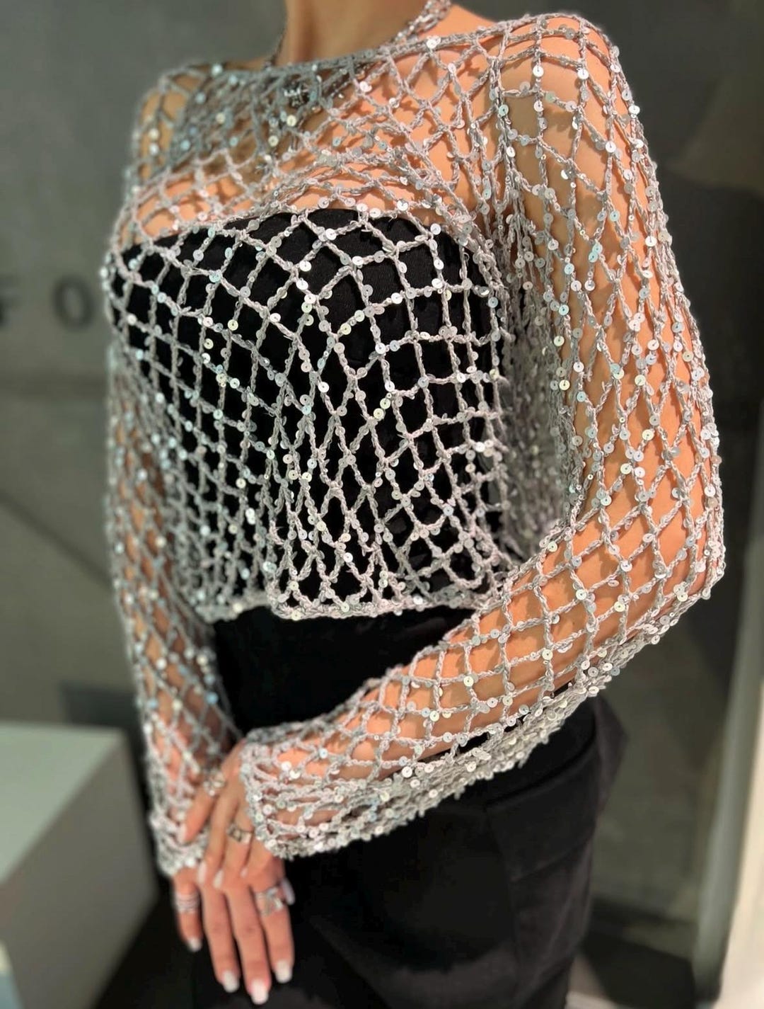 Fishnet Square Pattern Top Silver Sequin Fishnet Top, Cropped Cotton Mesh Sweater, Sparkly Net ...