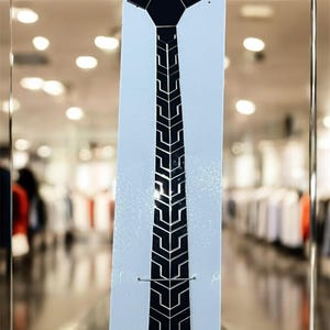 May include: A black tie with a geometric pattern. The tie is made of a shiny material and has a pointed tip.