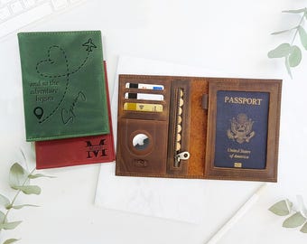 Personalized Leather AirTag Passport Holder: Engraved Travel Gift