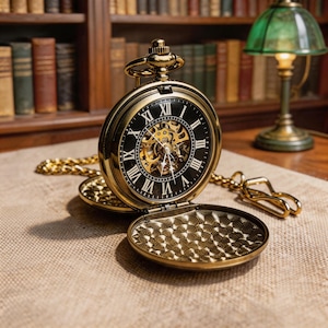 Pode incluir: Um relógio de bolso dourado com mostrador preto e algarismos romanos. O relógio está aberto, revelando os intrincados mecanismos. Uma corrente e um fecho dourados estão presos. O relógio está em frente a livros.