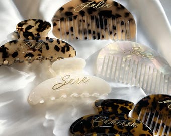 Personalized Fan-Shaped Comb & Claw Clip, Custom Engraved Comb, Engraved Hair Clip, Bridesmaid Gift, Wedding Gift