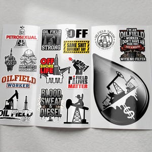 以下が含まれることがあります： 「Petrosexual」、「Oilfield Strong」、「Offshore Life」、「Blood, Sweat & Diesel」、「Oilfield Worker」などのテキストや、石油掘削装置、頭蓋骨、大きなオイルドロップのグラフィックが描かれた、石油産業をテーマにしたビニールステッカーのコレクション。
