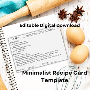 Editable Recipe Card Template, 4x6 Canva Template, Minimalist PDF, Digital Recipe Card Instant Download, Personalized Recipe Card Template