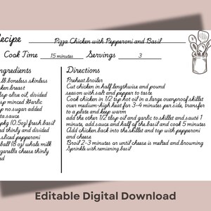 Digital Recipe Card Template, Canva Editable Design, Minimalist Design, 4x6 Size, Instant Download&quot;