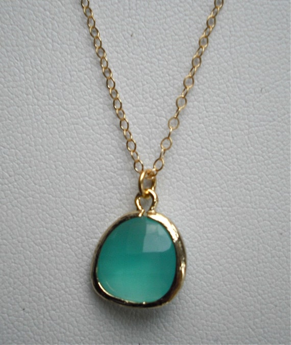 Items similar to minty blue glass drop necklace ( in gold ) on Etsy