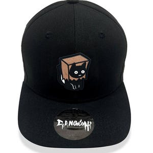 Cat in Bag 3D Embroidered Snapback Cap Premium T Cat Hat Streetwear Clothing Dark Cute looking Cat Cap Animal Designs Skater Meme Cap