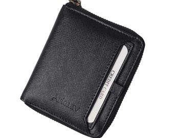 Cartera plegable de piel saffiano hecha a mano: bloqueo RFID, tarjetero extraíble