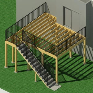 May include: A wooden deck frame with black metal railings and a set of stairs leading up to the deck. The deck is partially constructed and the wooden beams are visible.